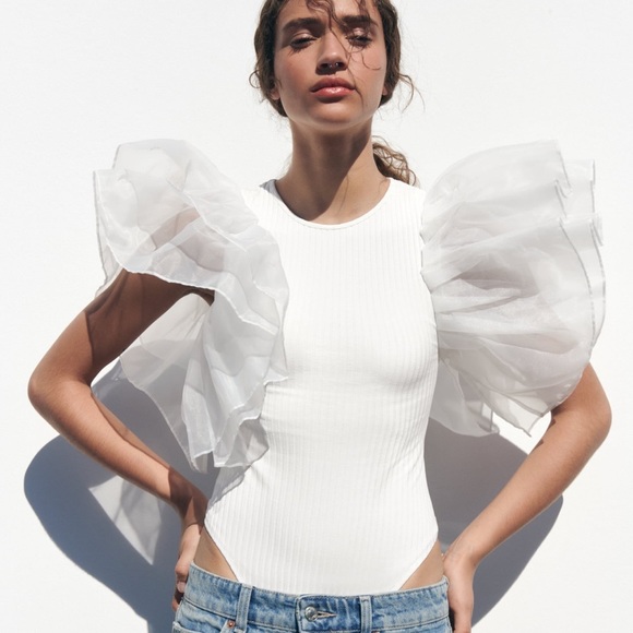 Zara Tops Zara Organza Sleeves Ruffle Rib Bodysuit Poshmark